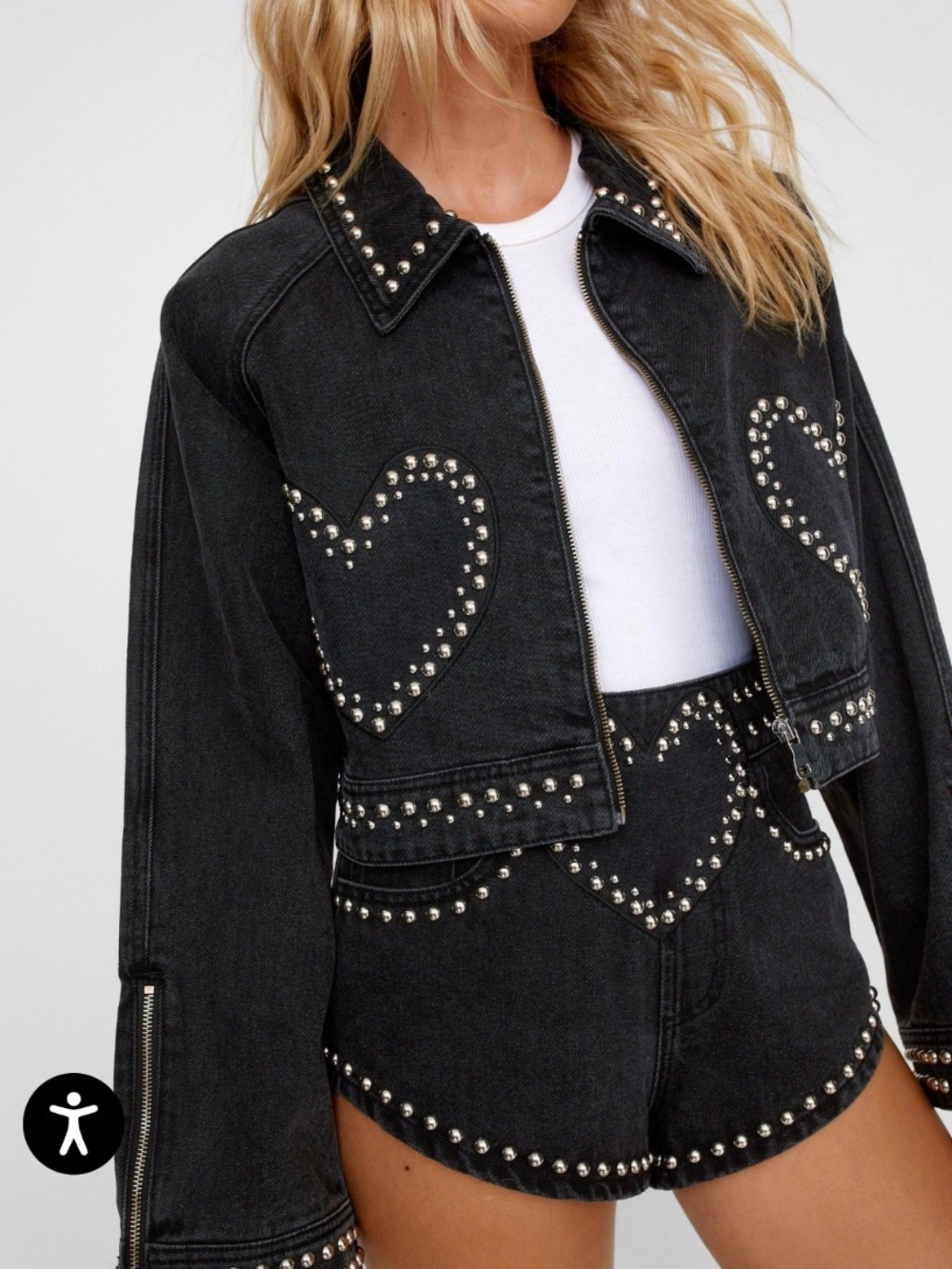 Black Cropped Denim Jacket With Studded Hearts